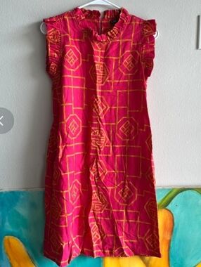 Boho Chic Sz XS-Small Dark Pink Dress with Gold Orange Geometric Ruffled Trim